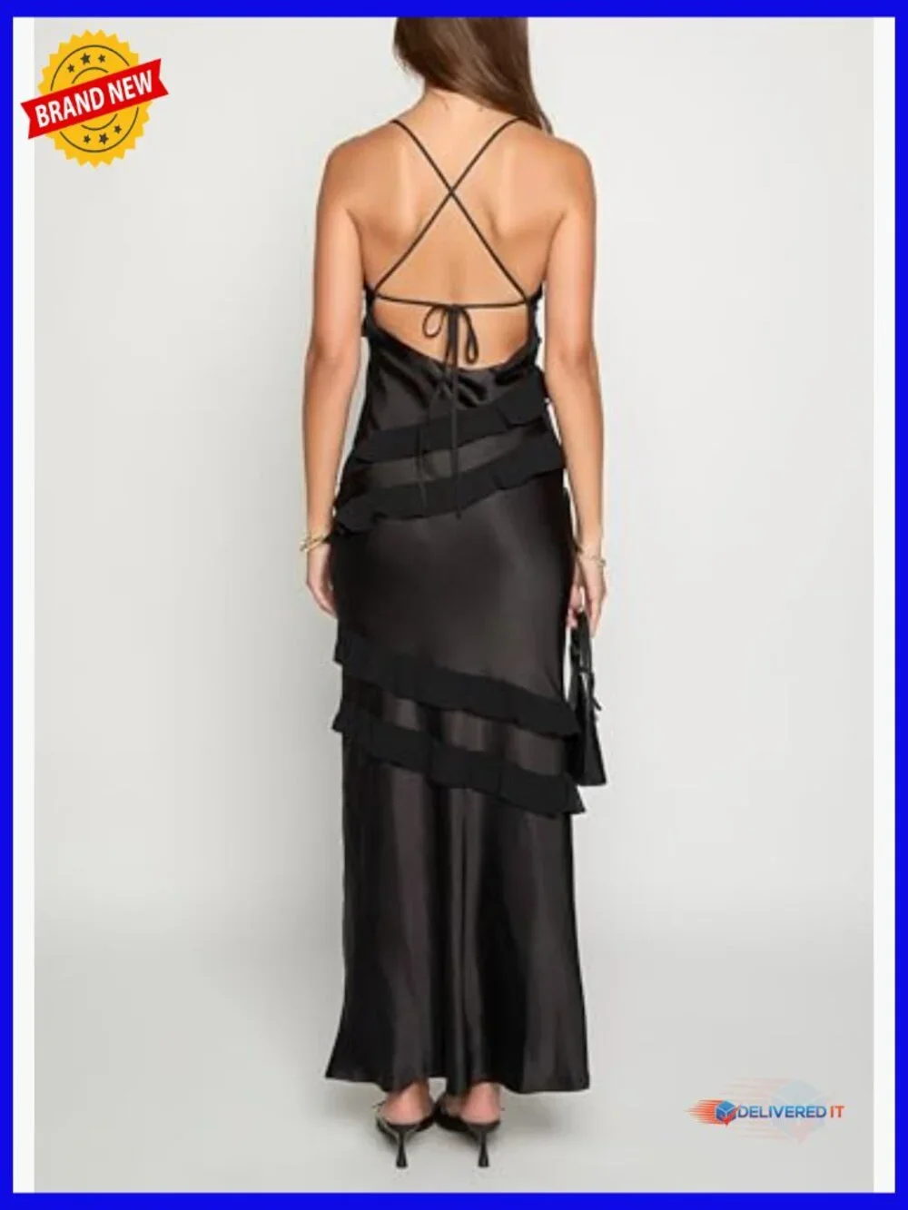 Satin Maxi Dress V-Neck Ruffle Backless Formal Wedding Guest - Picture 4 of 6
